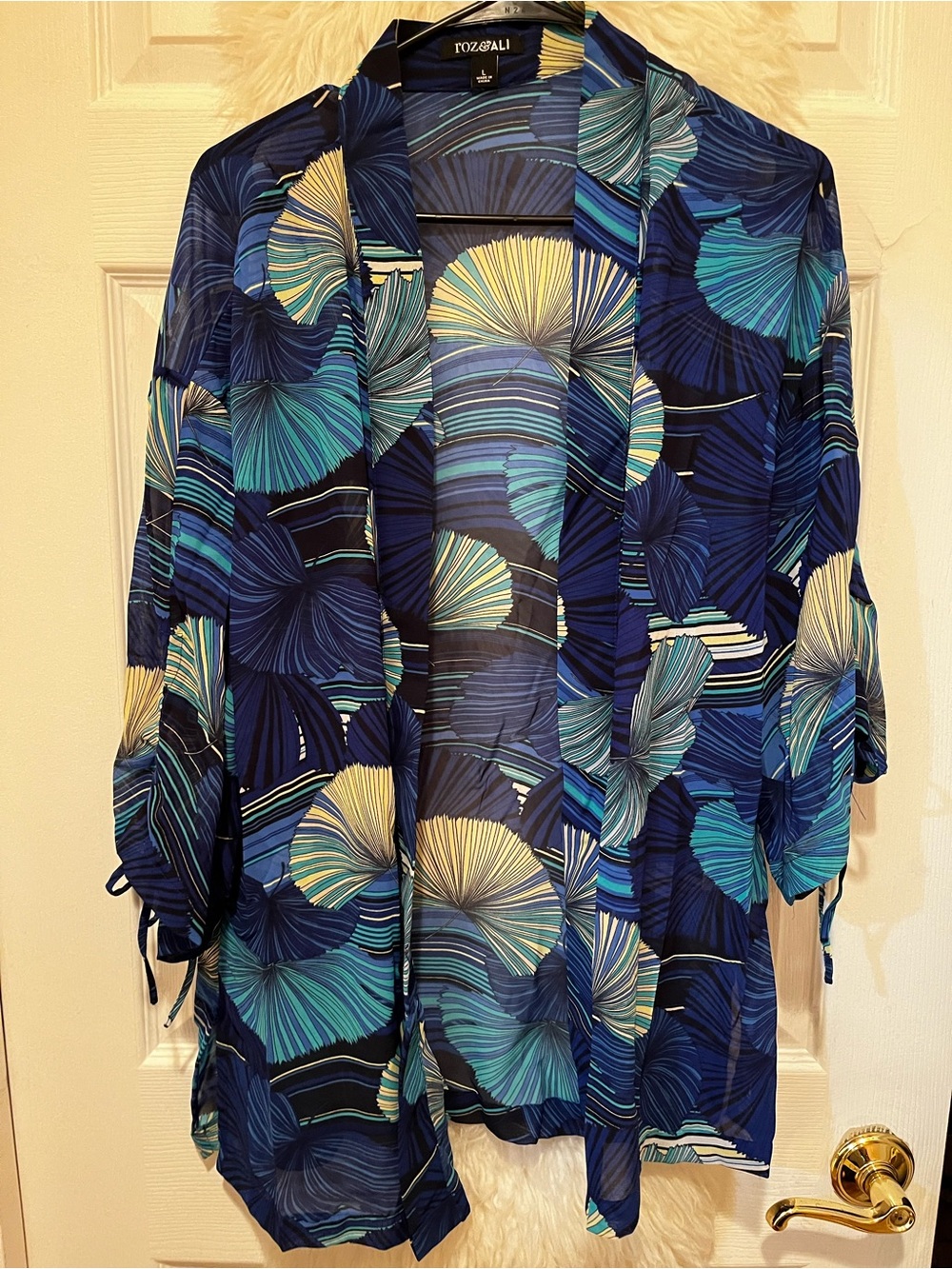 Roz & Ali Navy, Teal & Cream Printed Swim Cover-Up Kimono